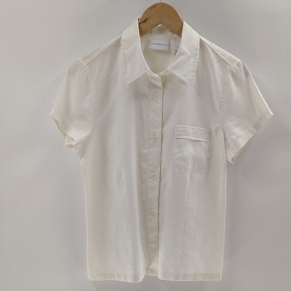 Liz Claiborne Button Down Linen Top Ivory Size Medium Short Sleeve - Picture 1 of 5